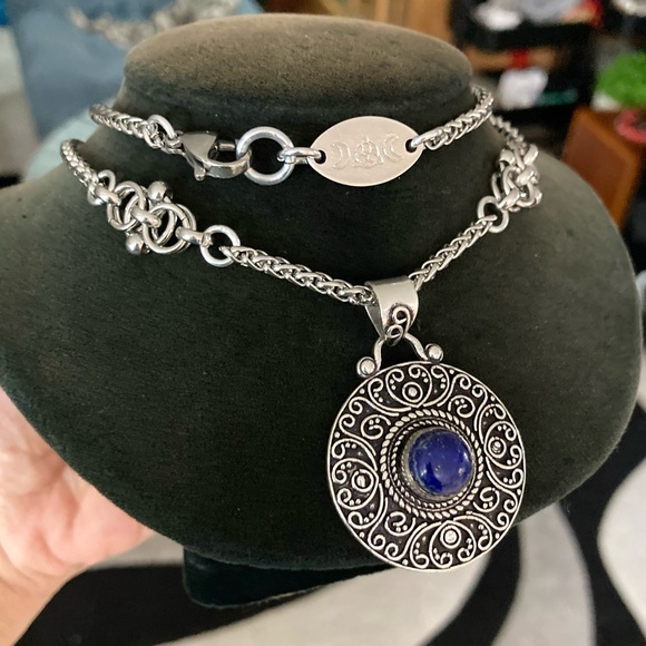 925 sterling silver overlay blue lapis round charm gemstone boho Celtic necklace - Picture 9 of 11